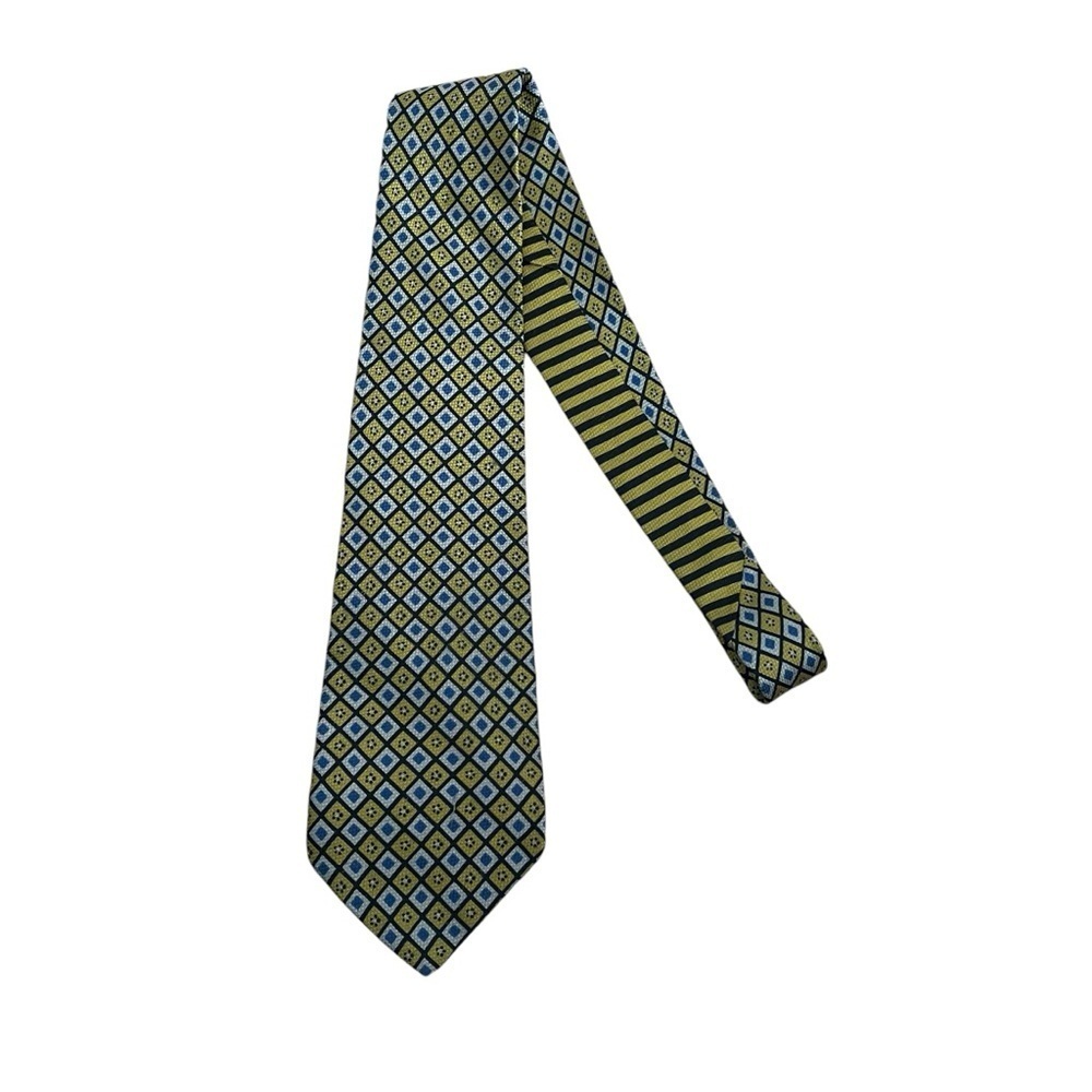 Tommy Hilfiger Men’s Tie 100% Silk Yellow Blue Diamond Pattern